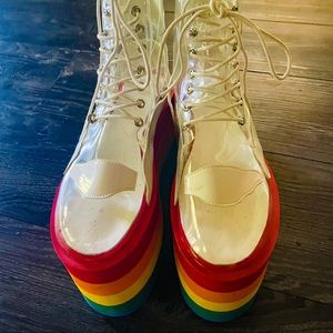 Dollskill, clear with clouds, rainbow platform boots, size 9